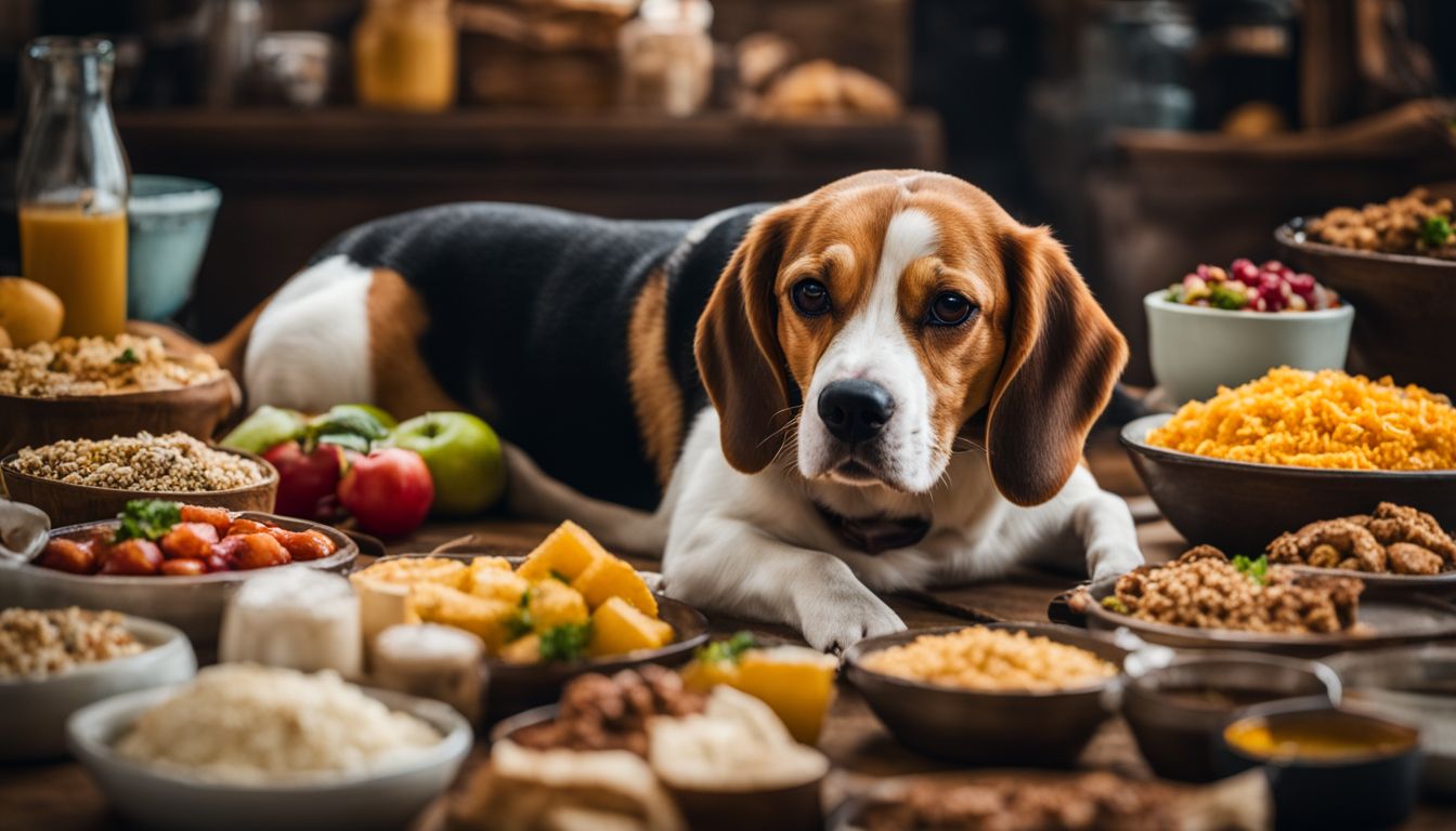 A beagle surrounded by diverse food, showcasing its omnivorous diet.