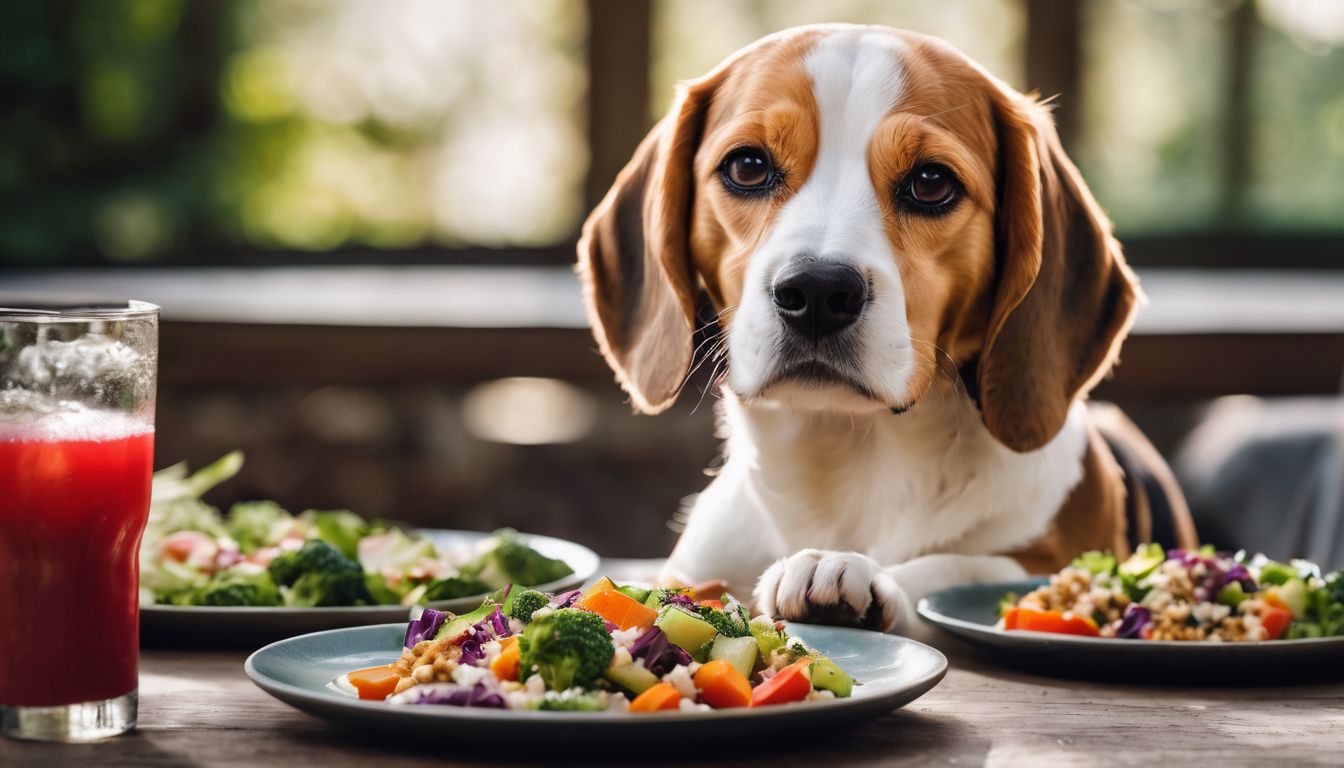 Happy beagle enjoying a vegetarian meal with diverse human subjects.