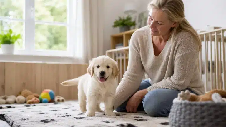 Betrouwbare hondenfokker toont een rustige pup aan een toekomstige eigenaar in een nette omgeving