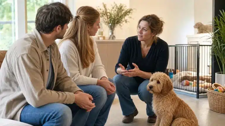 Betrouwbare Labradoodle fokker in België in gesprek met toekomstige eigenaars en een rustige pup