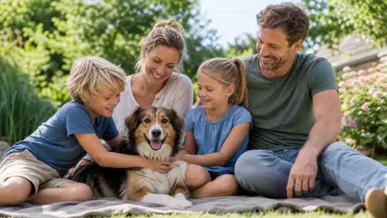 Gezin met kinderen speelt buiten met een vriendelijke gezinshond in een groene tuin