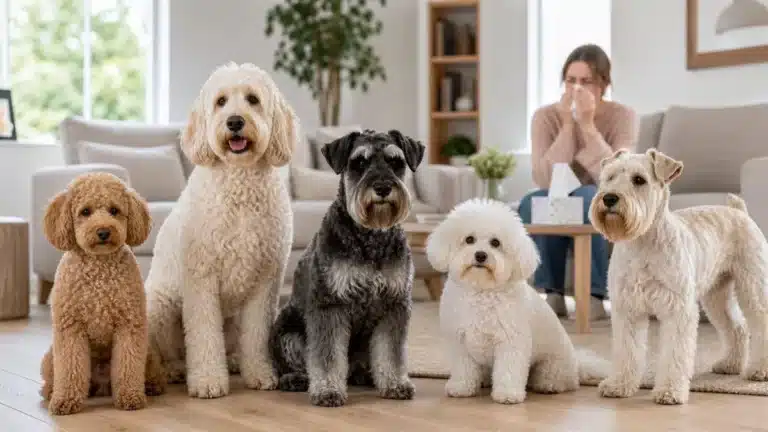 Verschillende honden met onderhoudsvriendelijke vacht in een helder interieur voor een artikel over allergieën