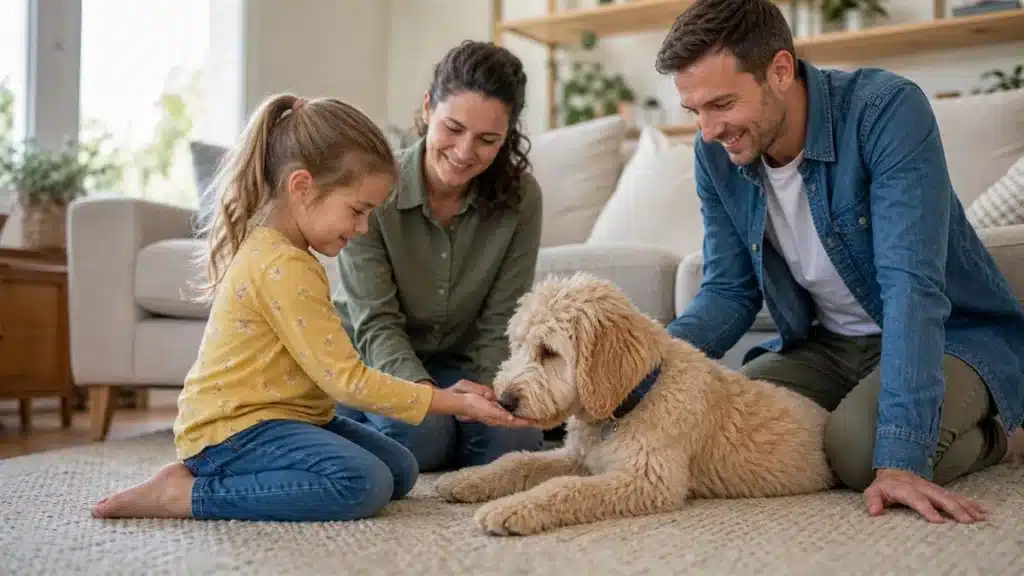 Rustige Labradoodle pup met klein kind en ouders in een veilige huiselijke omgeving