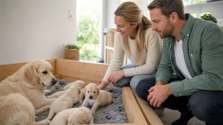 Koppel bezoekt een nest pups bij een fokker en let op hygiëne, gedrag en moederhond