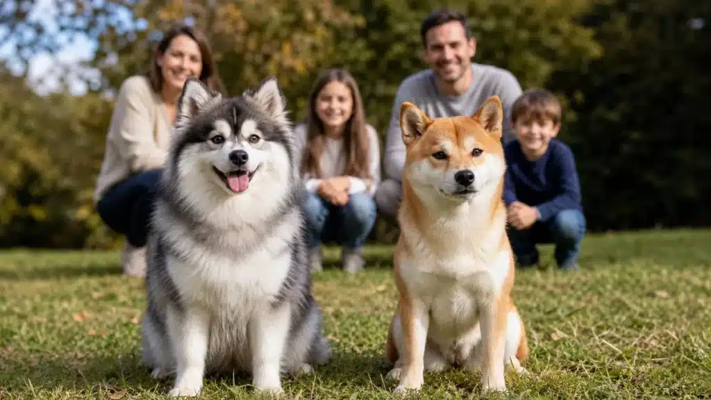 Pomsky en Shiba Inu naast elkaar als vergelijking voor gezinnen met kinderen