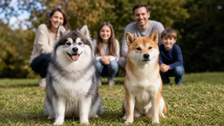 Pomsky en Shiba Inu naast elkaar als vergelijking voor gezinnen met kinderen