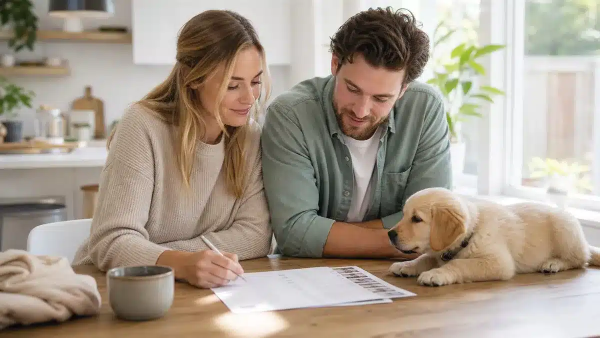 Koppel bekijkt een checklist voor het kopen van een puppy met bench, voer en documenten op tafel