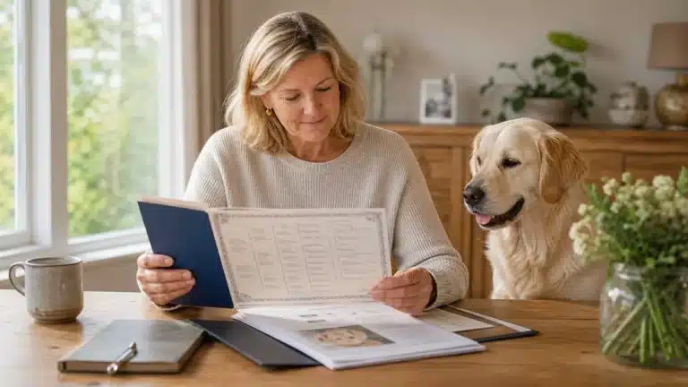 Hond ligt naast officiële papieren en stamboomdocumenten op een houten tafel