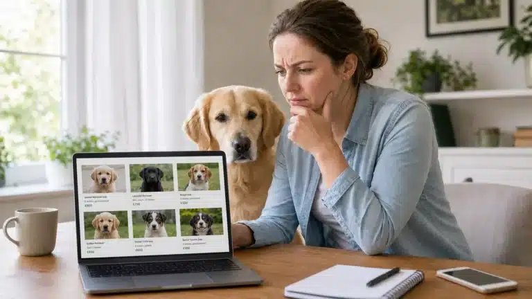 Persoon bekijkt online puppy advertenties kritisch op een open laptop en noteert waarschuwingssignalen