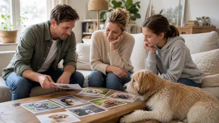 Gezin bespreekt samen welke hond past bij hun woning, kinderen en dagelijkse levensstijl