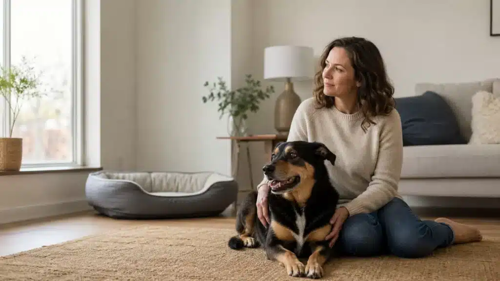 Eigenaar zit thuis rustig naast een volwassen hond als symbool voor een doordachte keuze