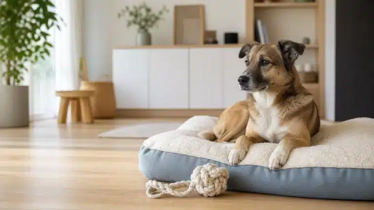 Ontspannen hond op een mand in een rustige woonkamer