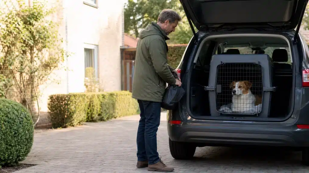 Rustige hond reist veilig in een vastgezette reisbench in de auto