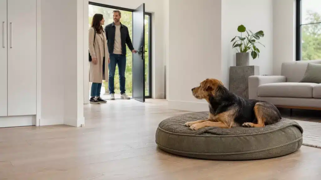 Hond ligt rustig op zijn eigen bed terwijl volwassenen het huis binnenkomen