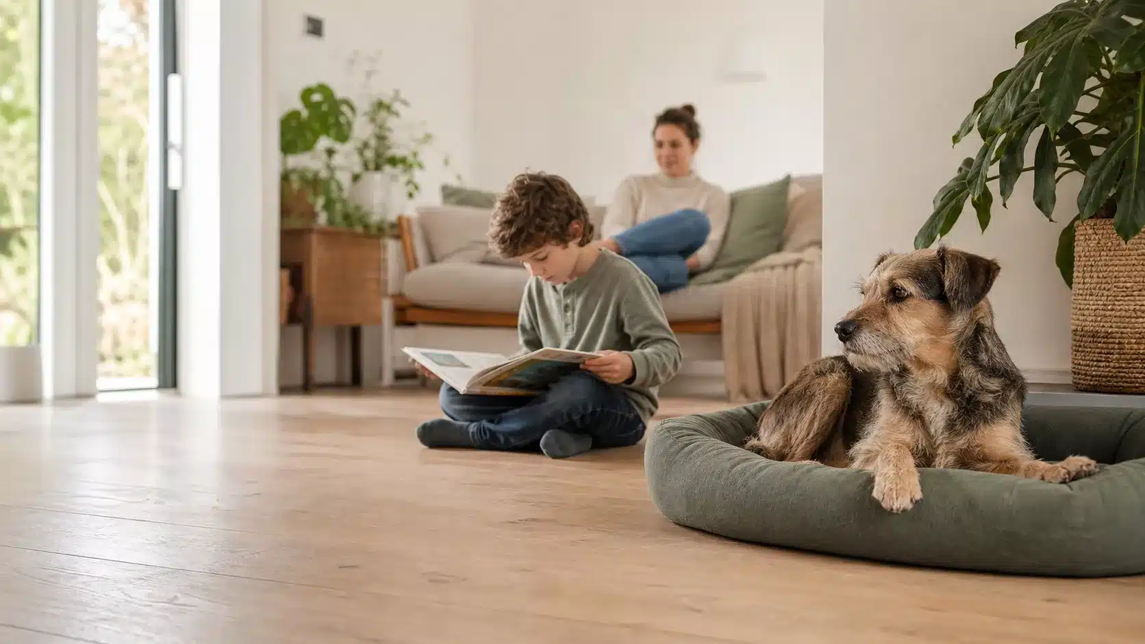 Kind leest op afstand van een ontspannen hond op zijn eigen mand, onder toezicht van een volwassene