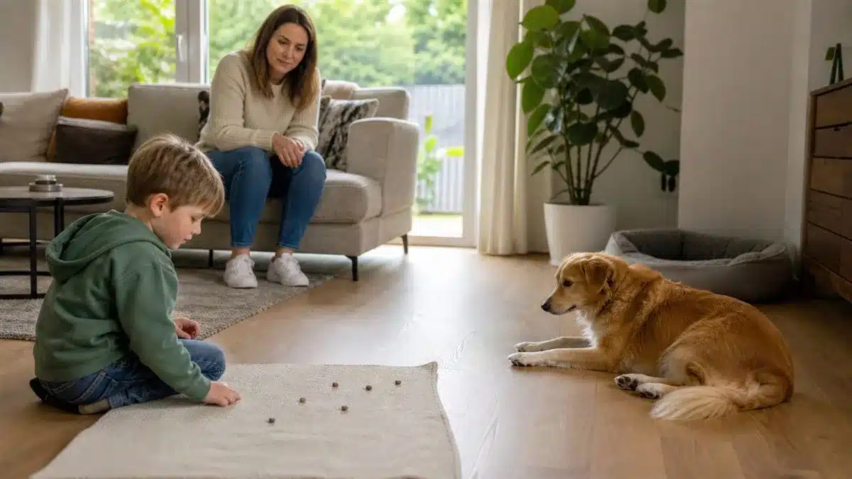 Kind zoekt rustig naar beloningen terwijl een hond op afstand kan ontspannen en een volwassene toezicht houdt.