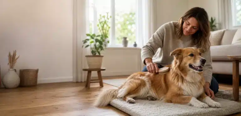 Eigenaar borstelt rustig een ontspannen hond thuis