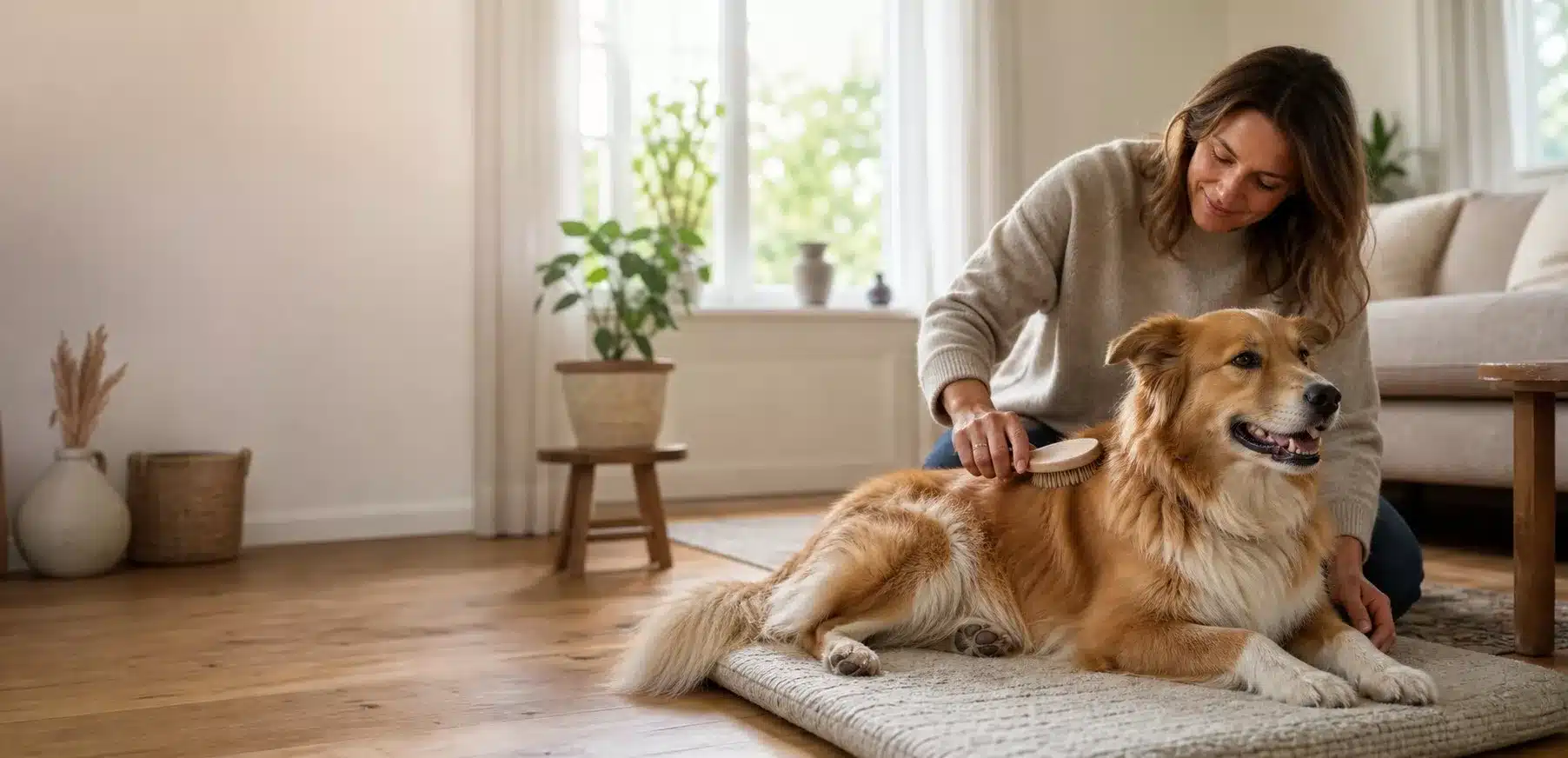 Eigenaar borstelt rustig een ontspannen hond thuis