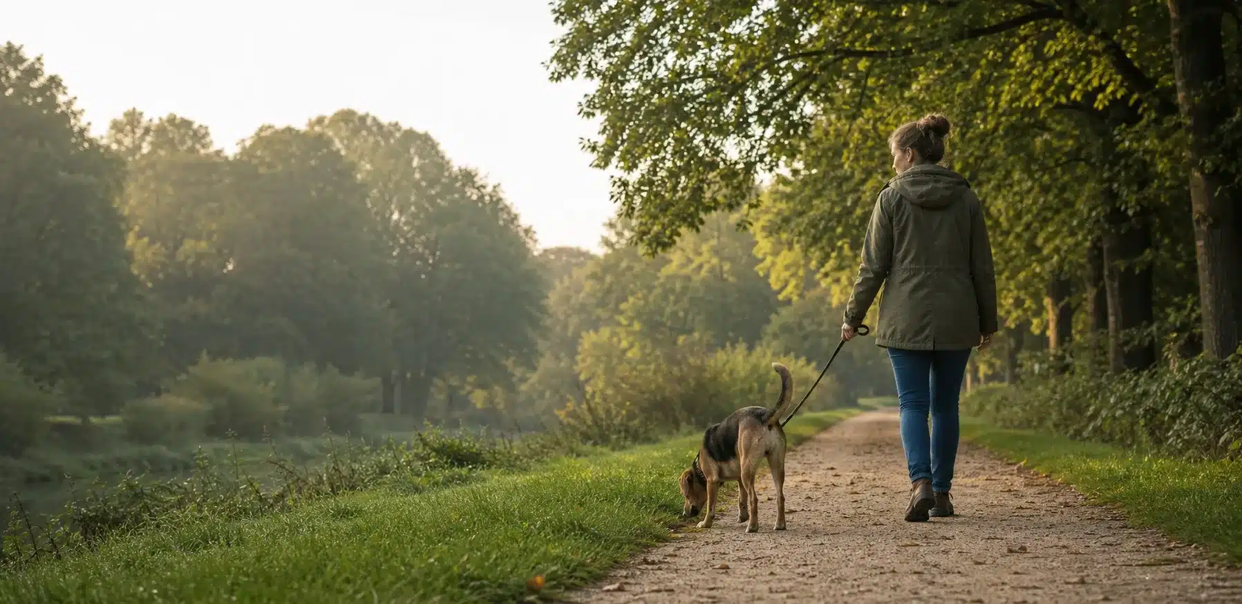 Ontspannen hond snuffelt tijdens een rustige wandeling in het groen