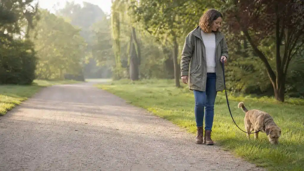 Eigenaar wandelt ontspannen met een hond aan een losse lijn in een groen park
