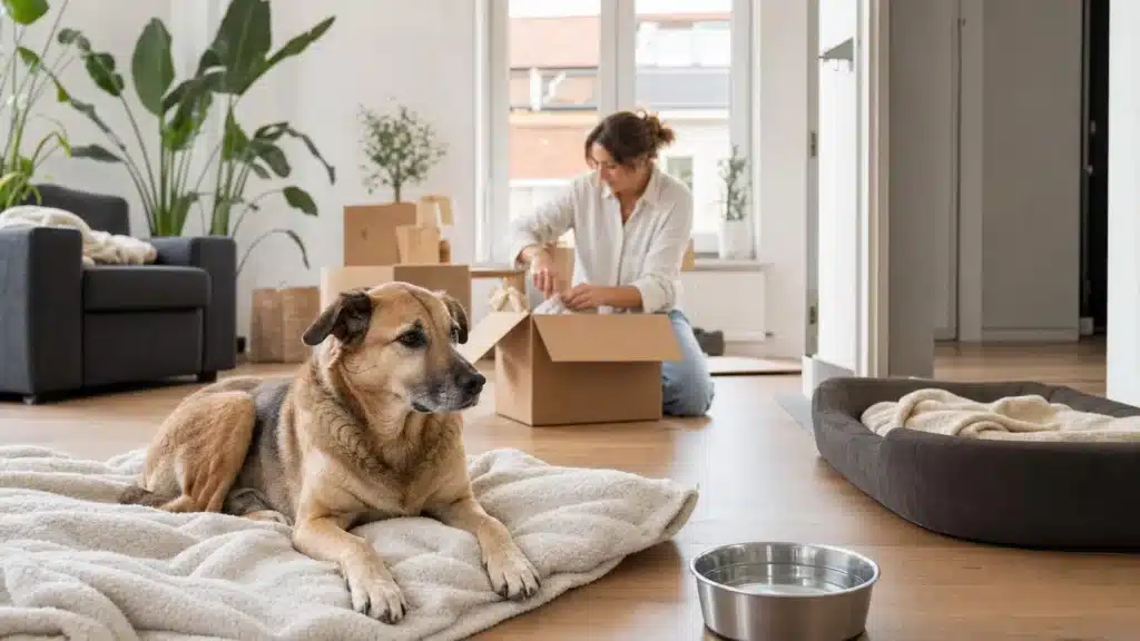 Ontspannen hond rust op een deken terwijl zijn eigenaar rustig uitpakt in een nieuwe woning