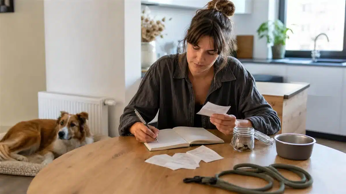 Hondeneigenaar plant een reserve voor jaarlijkse hondenkosten terwijl haar hond rustig in de kamer ligt.