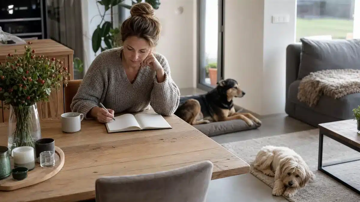 Hondeneigenaar vergelijkt rustig haar leefstijl terwijl twee honden van verschillend formaat ontspannen in huis rusten.