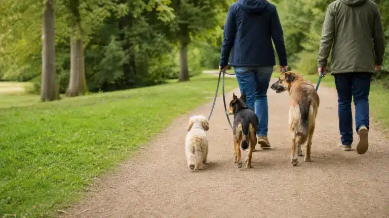 Drie honden van verschillende grootte wandelen rustig in een groen park