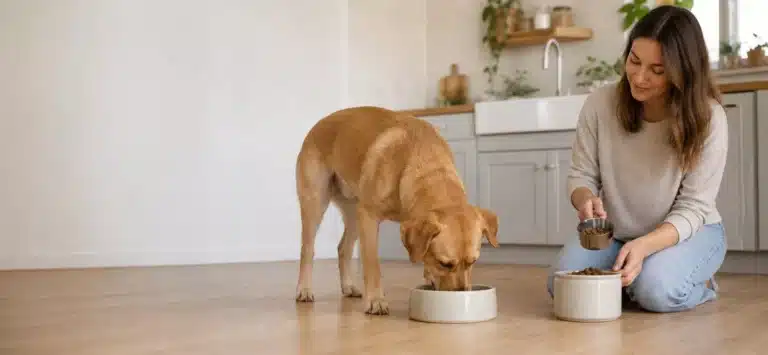 Hond eet rustig uit een voerbak terwijl een eigenaar een portie afmeet