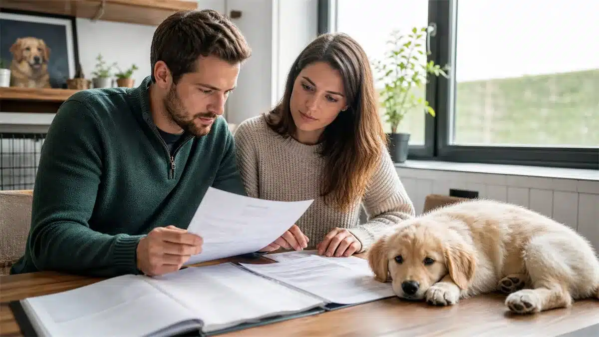 Gezondheidsdocumenten en registratiepapieren van een pup op tafel bij een betrouwbare hondenfokker