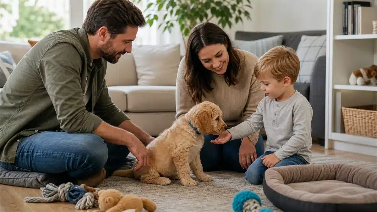 Jong gezin maakt rustig kennis met een Labradoodle pup in de woonkamer