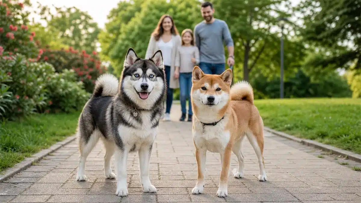 Pomsky en Shiba Inu naast elkaar in een park als visuele vergelijking