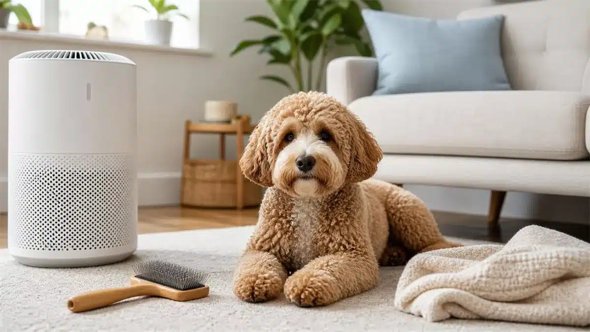 Hond met verzorgingsborstel en luchtzuiveraar in een nette woonruimte