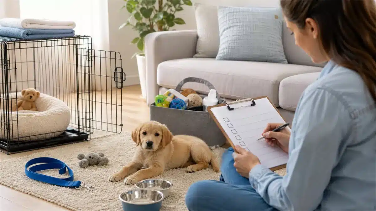 Checklist voor puppy kopen naast bench, voerbak en riem