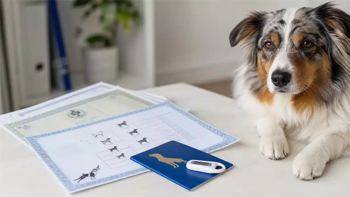 Stamboompapieren en registratieboekje naast een rustige hond