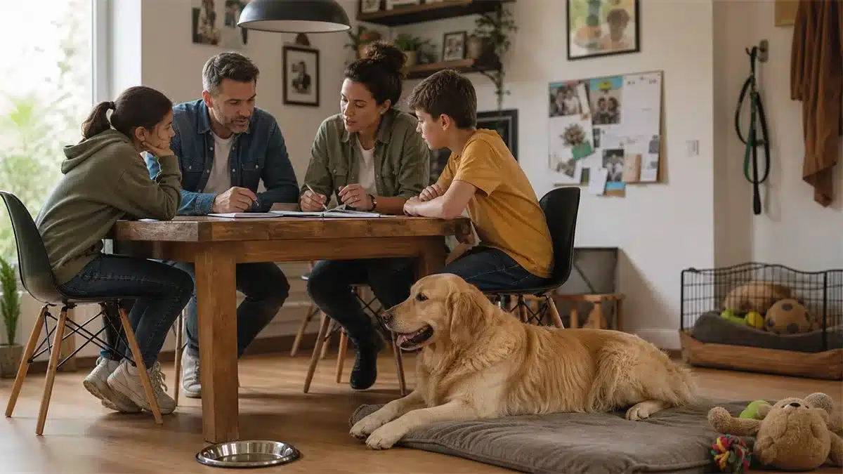 Gezin bespreekt dagelijkse routine met hond in huis