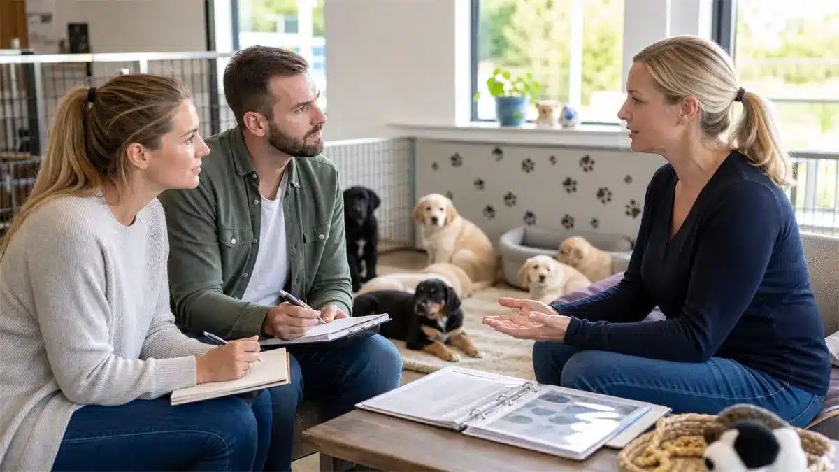 Toekomstige eigenaars stellen gerichte vragen aan een Labradoodle fokker in de puppyruimte