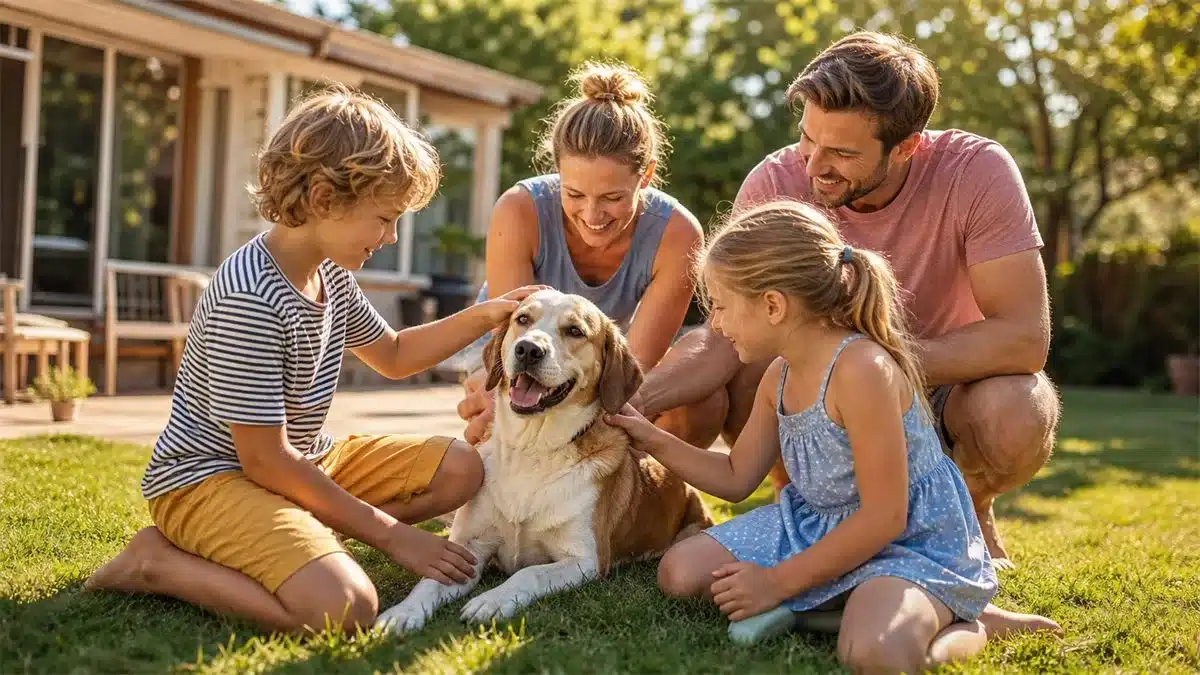 Gezin met kinderen en middelgrote hond in een zonnige tuin