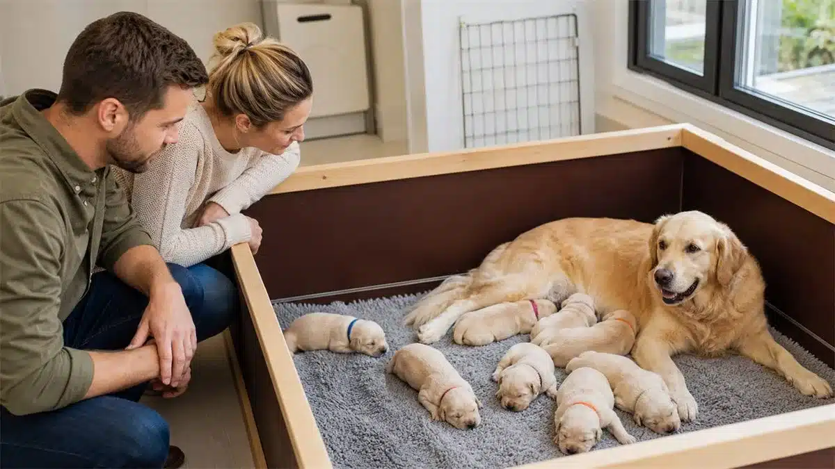 Koppel observeert een puppy nest terwijl de moederhond in de buurt is