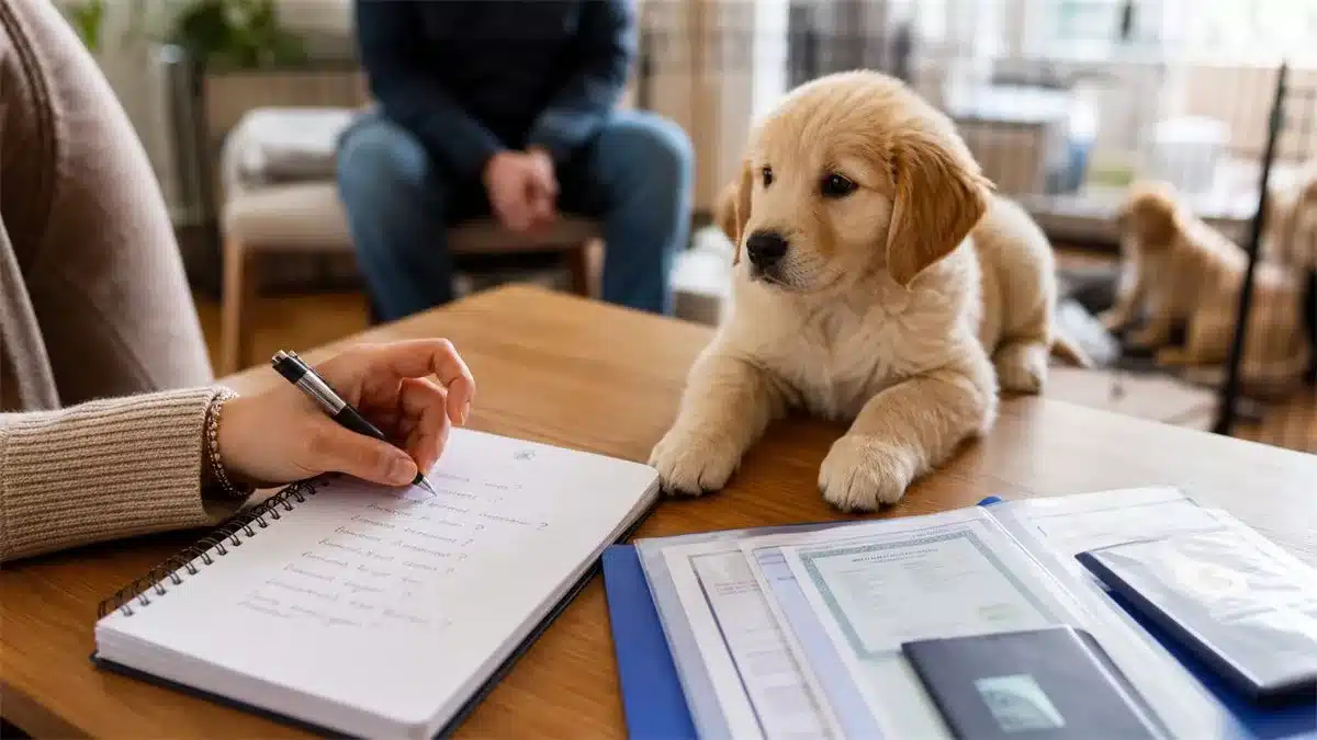 Notitieboek met vragen voor een fokker naast puppy documenten
