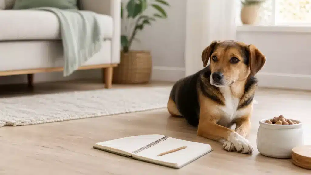 Volwassen hond naast een notitieboek als symbool voor een doordacht jaarbudget