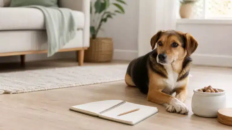 Volwassen hond naast een notitieboek als symbool voor een doordacht jaarbudget