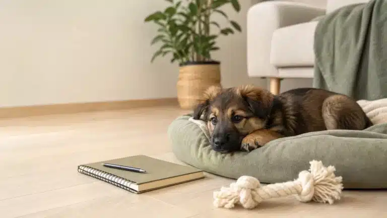 Puppy in een rustige mand naast een notitieboek en speeltje in huis