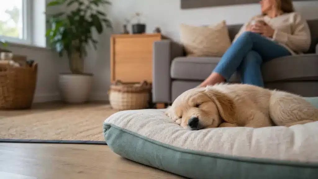 Slapende puppy rust op een eigen zachte plek in een rustige woonkamer