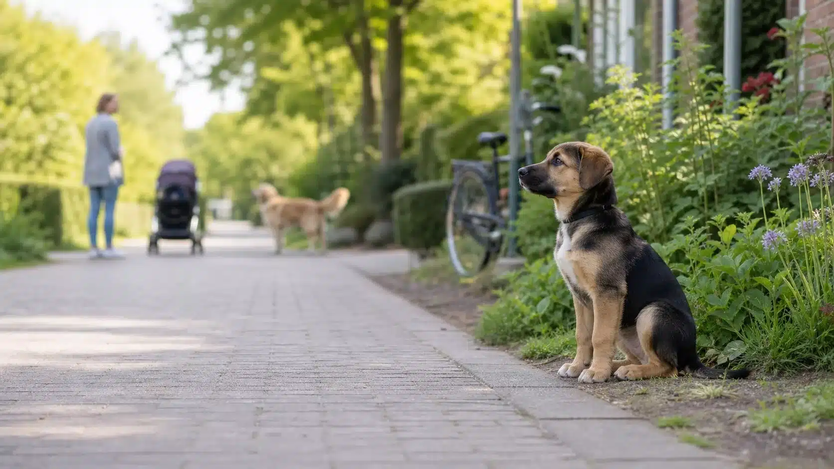Puppy kijkt rustig naar een wandelpad met een volwassene, kinderwagen en hond op veilige afstand