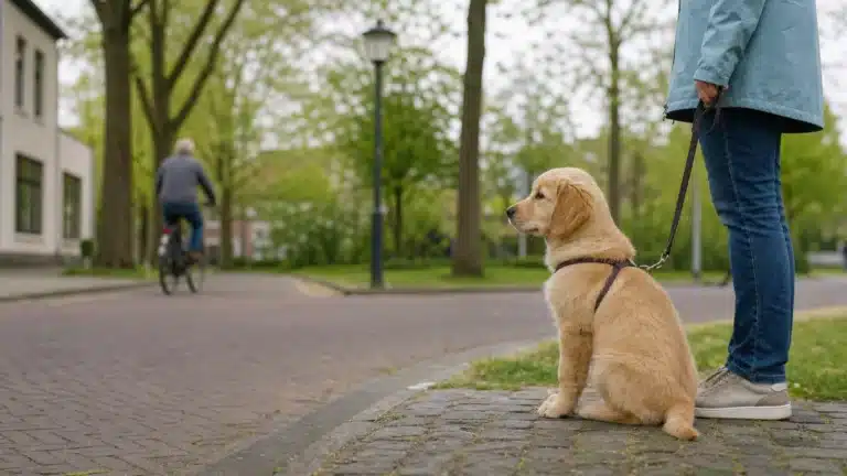 Puppy kijkt rustig op veilige afstand naar een passerende fietser
