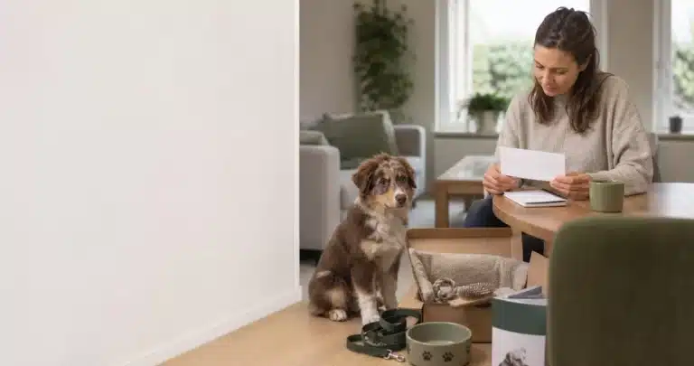 Puppy en eigenaar maken thuis rustig een budget voor de eerste benodigdheden
