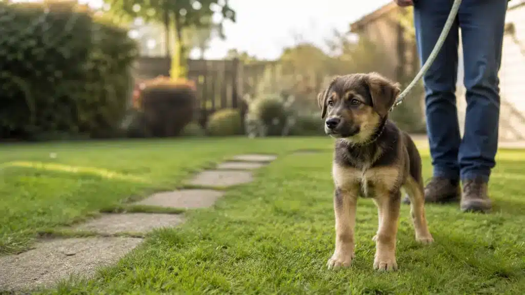 Puppy staat rustig buiten in een tuin naast een begeleider