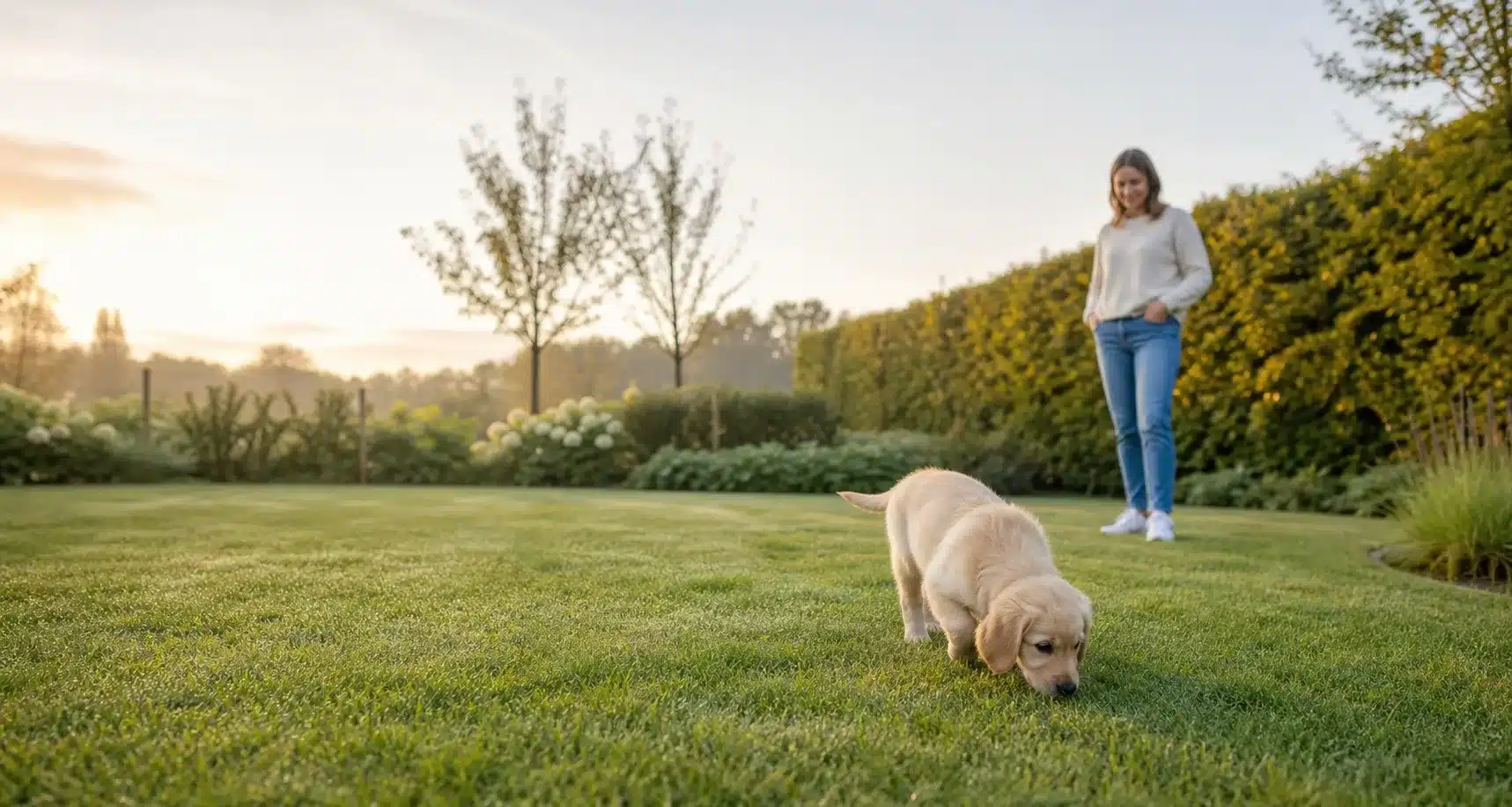 Puppy snuffelt rustig in de tuin terwijl een eigenaar op afstand wacht